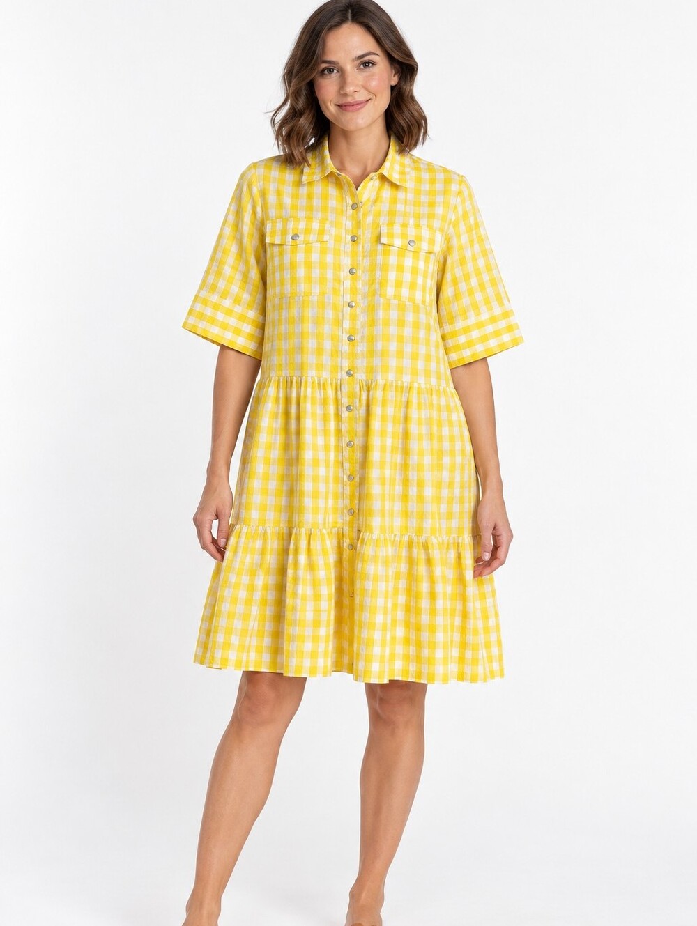 The Shirt Rochelle Behrens Yellow Gingham Tiered Pearl Snap Shirt Dress M